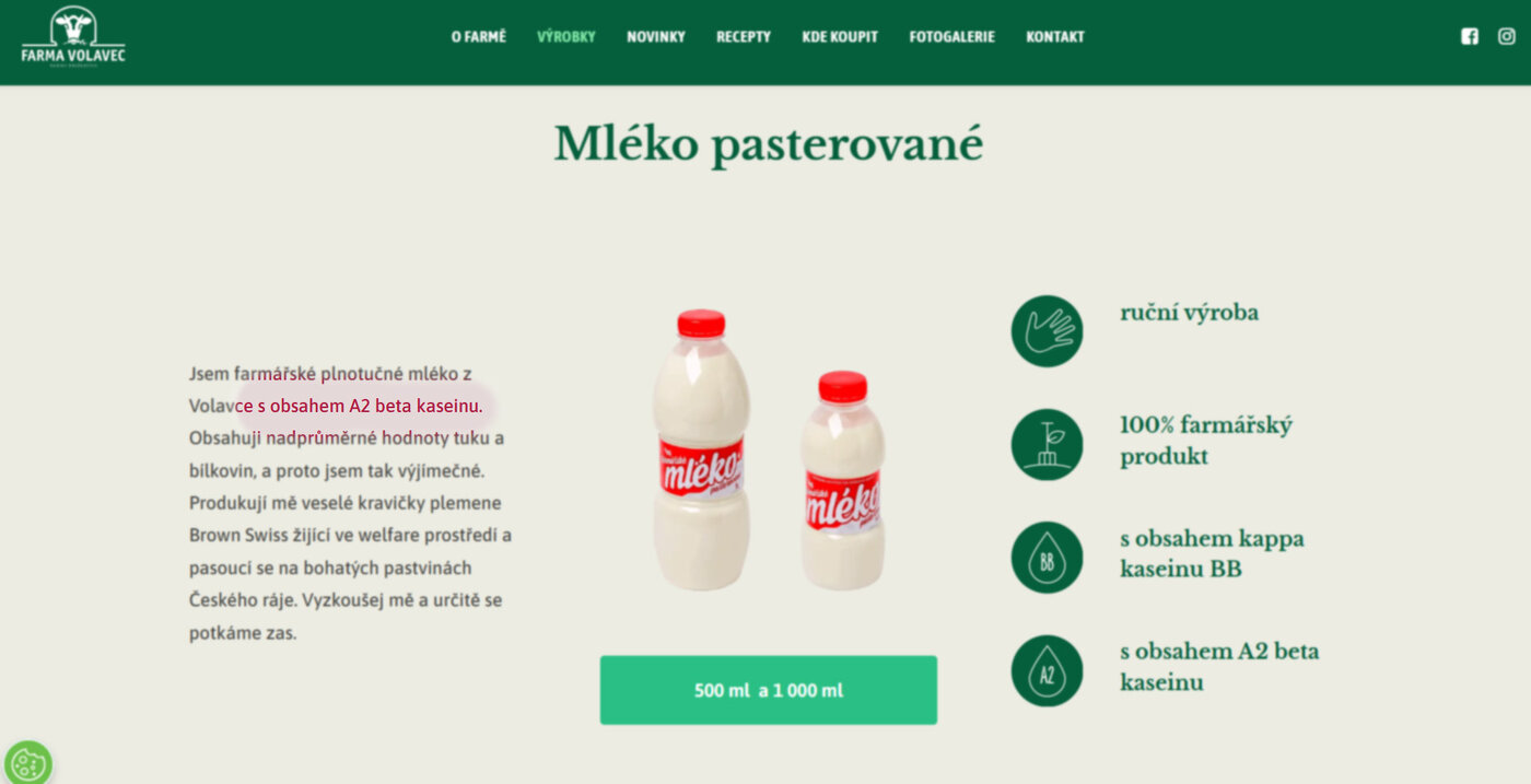 Příklad označení, které může ve spotřebiteli vyvolat dojem, že se jedná o A2 mléko, ale ve skutečnosti tomu tak není.